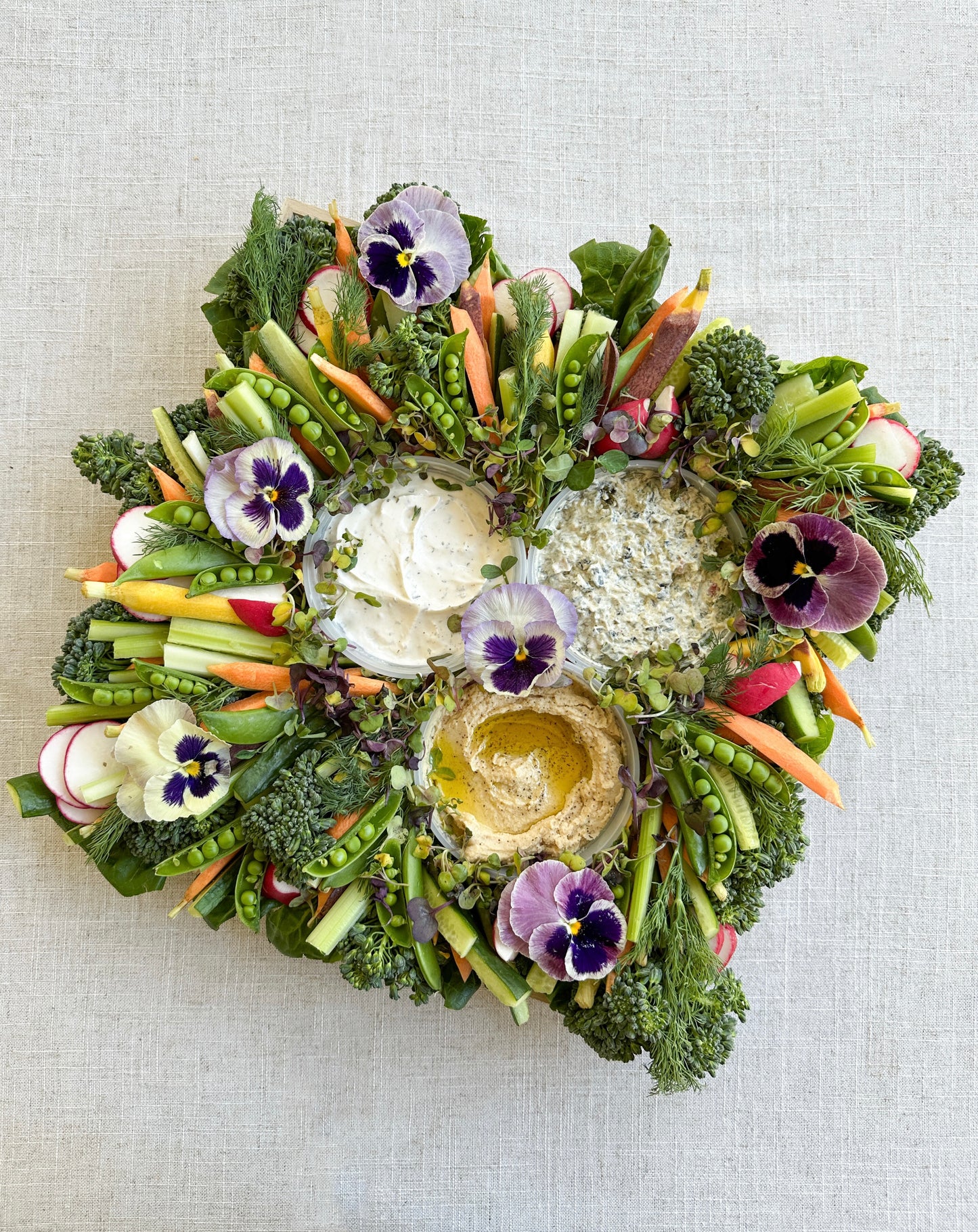 crudite board with edible flowers